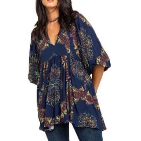 Free People Tops - Free People Blue & Green Floral Paisley Balloon Sleeve Tunic Mini Dress XS